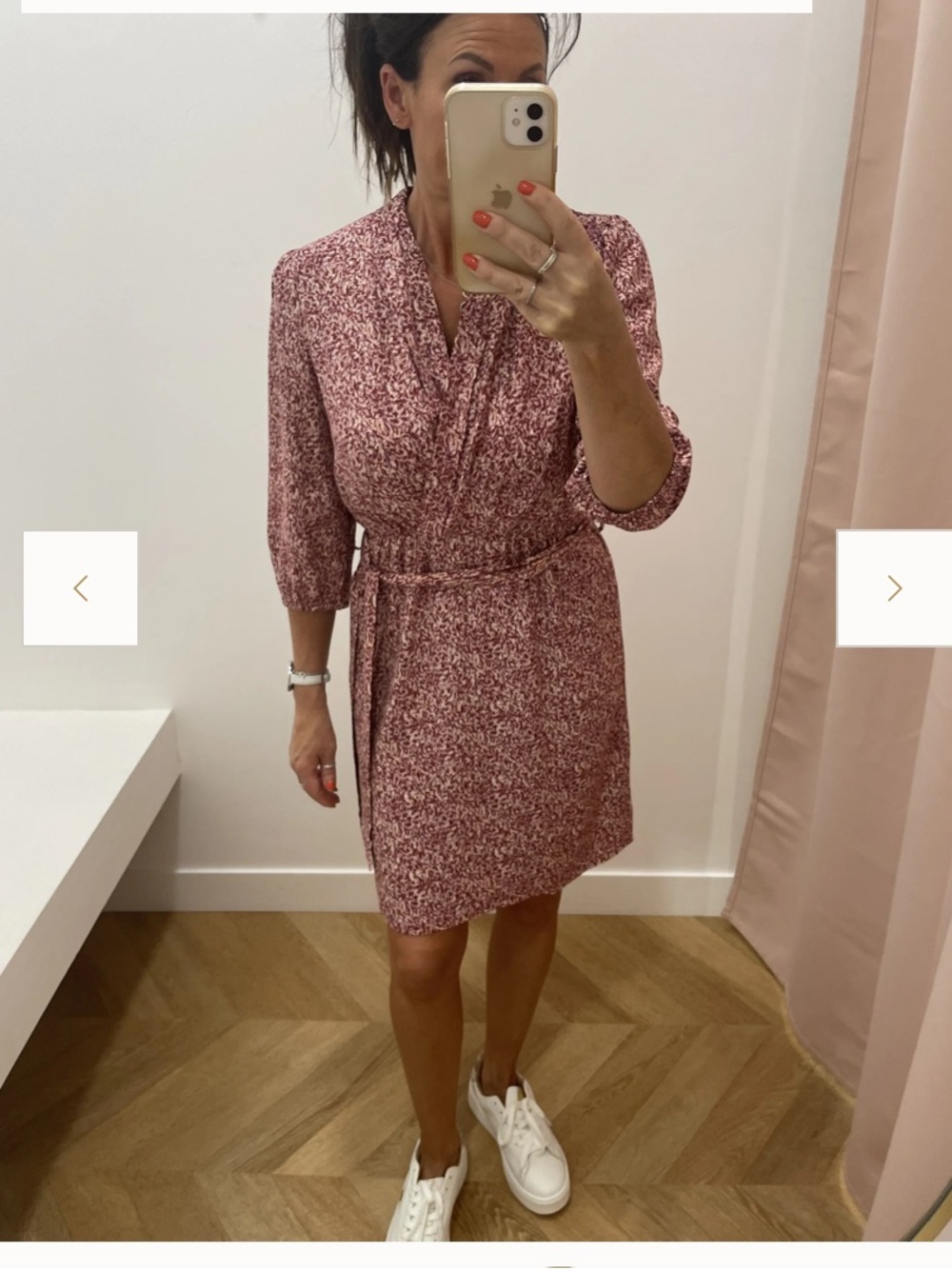 Pink Floral-Print Wrap Midi Dress with Self-Tie Waist